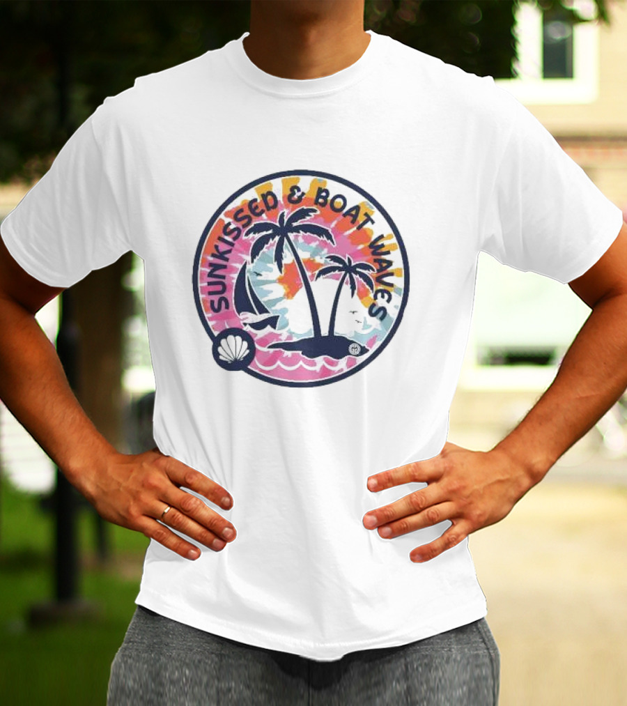 Sunkissed And Boat Waves Palm Trees Shell Sailboat Colorful Circle Emblem T-Shirt