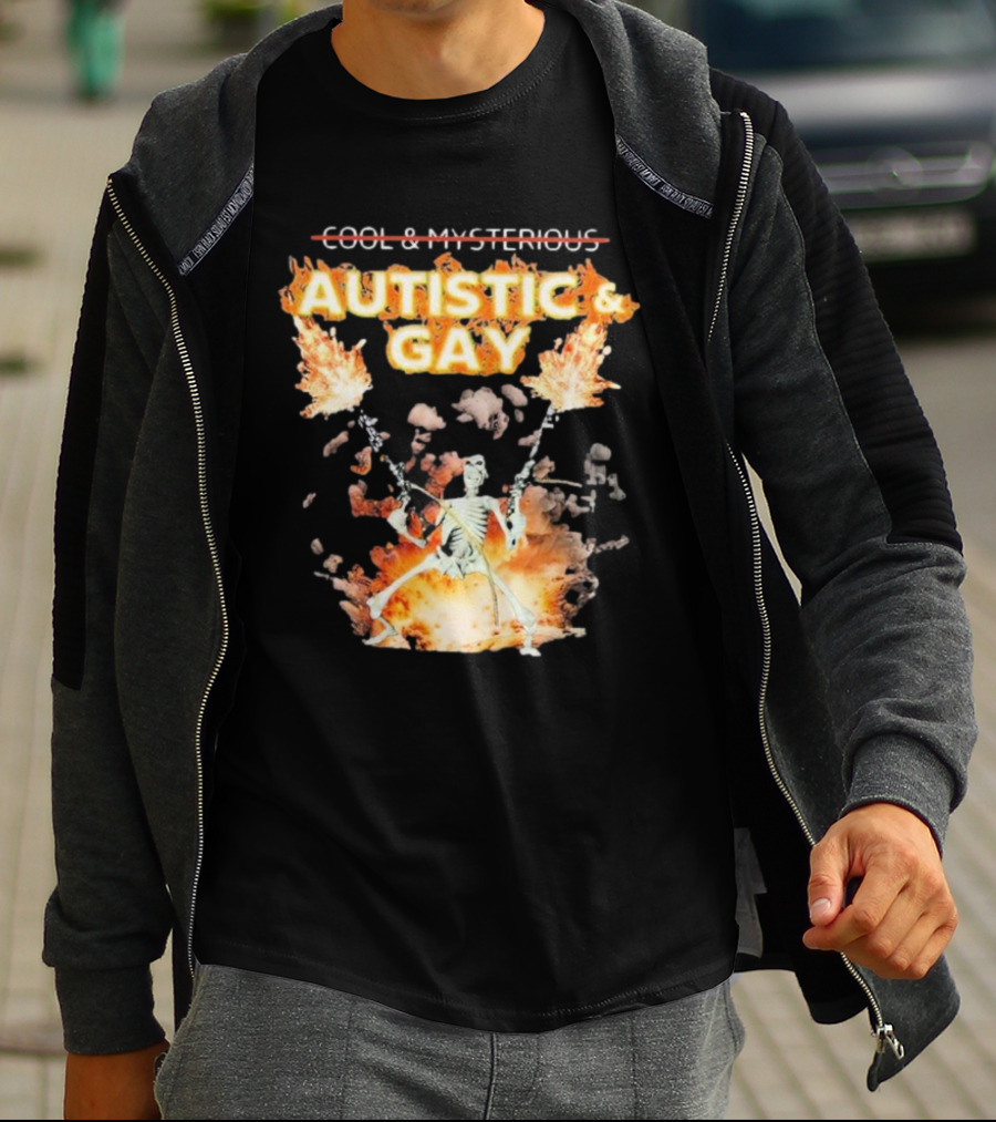 Autistic And Gay Skeleton With Explosive Background T-Shirt