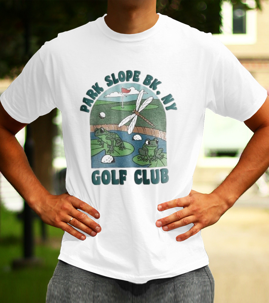 Park Slope BK NY Golf Club Frog And Dragonfly On Golf Course Lily Pads In Pond T-Shirt