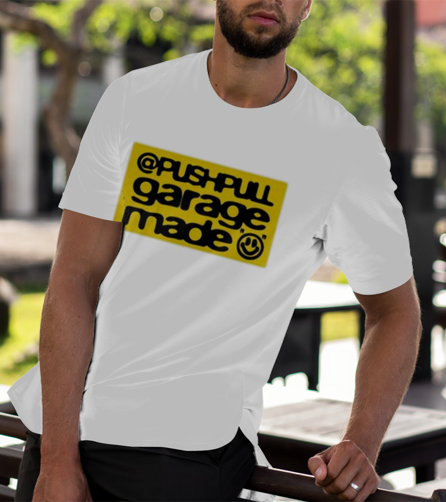 Pushpull Garage Made Smiley Face Yellow Background T-Shirt