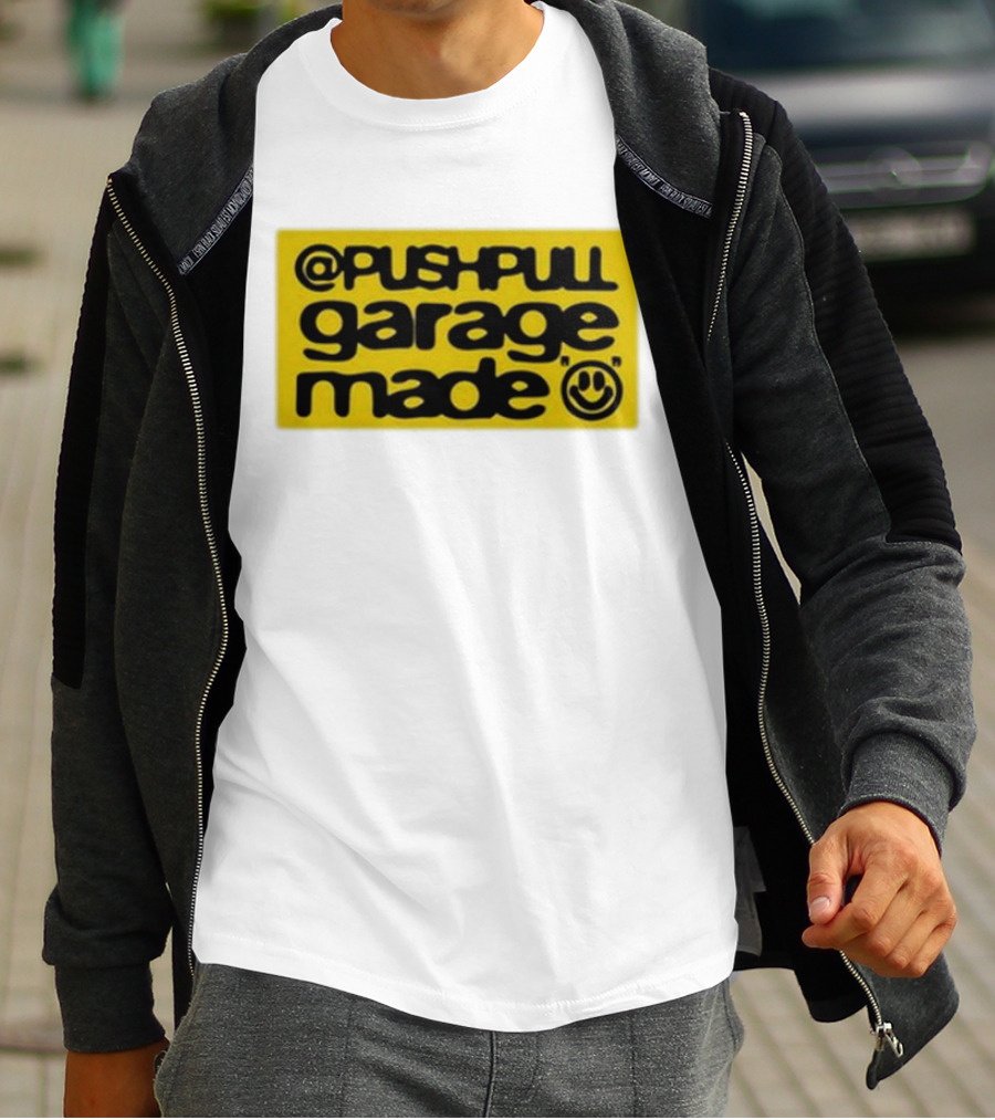 Pushpull Garage Made Smiley Face Yellow Background T-Shirt