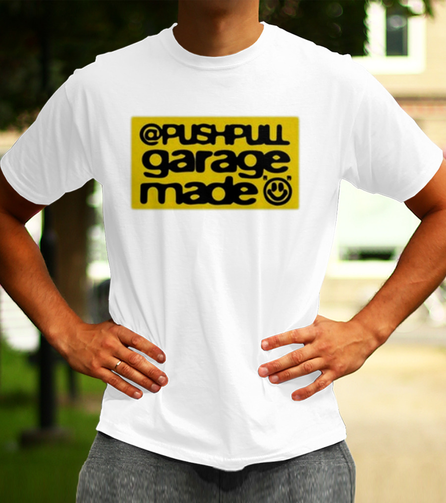 Pushpull Garage Made Smiley Face Yellow Background T-Shirt