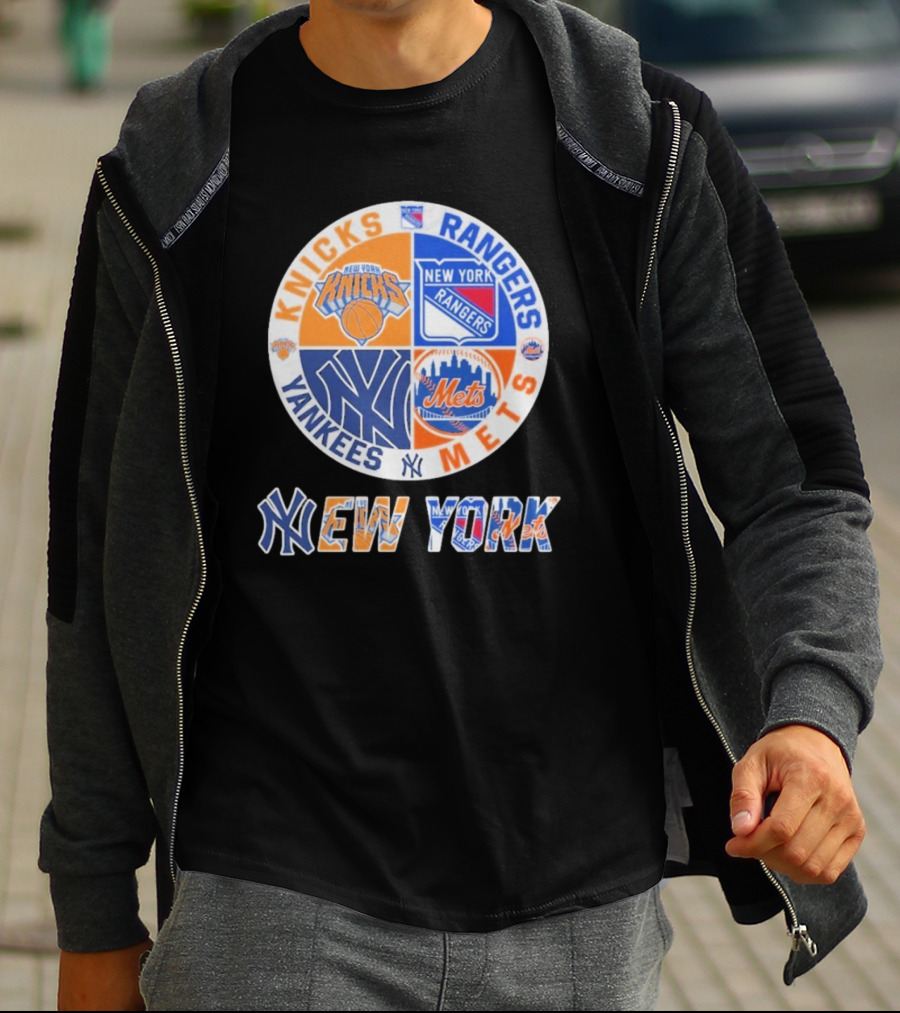 Knicks Rangers Yankees Mets New York Circle Logo Collaboration T-Shirt
