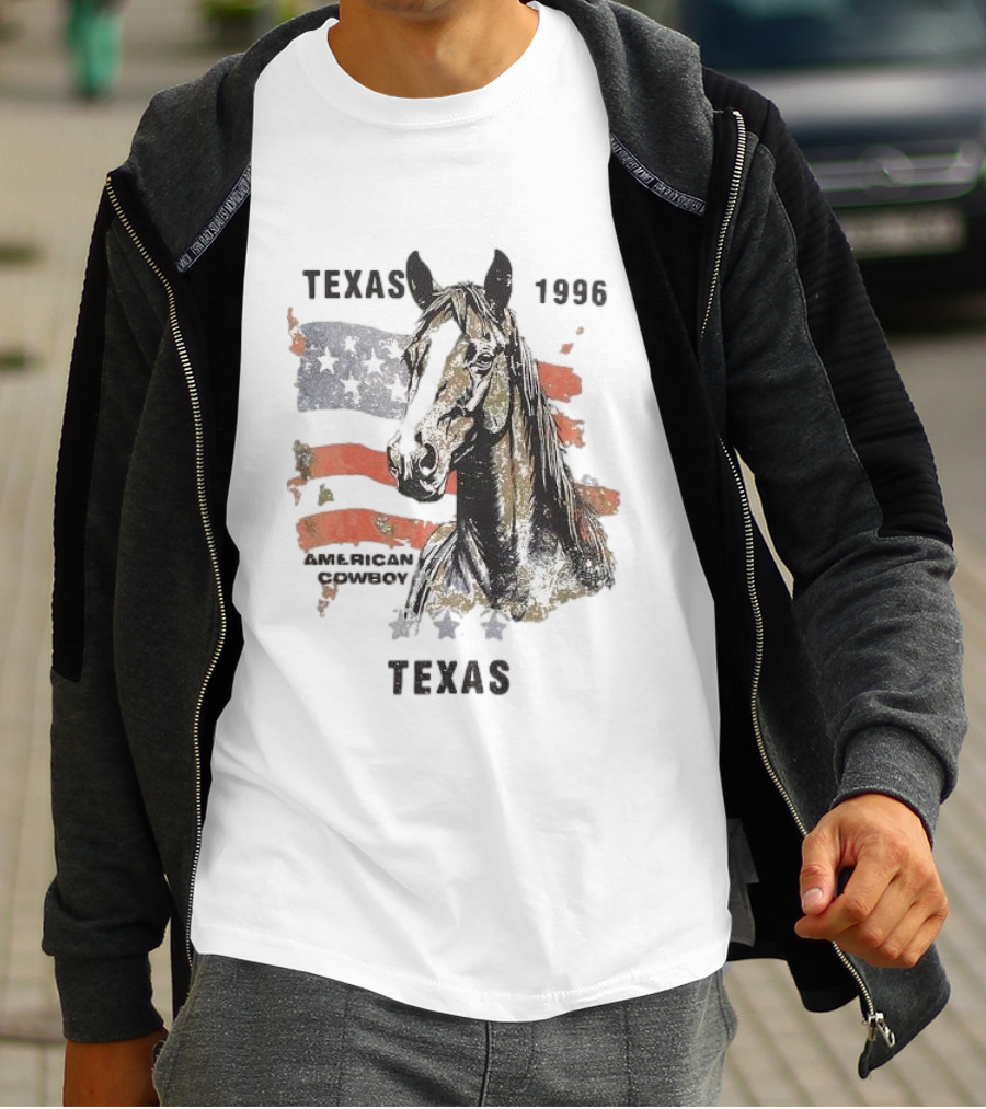 Texas 1996 American Cowboy Horse With Stars And Stripes Flag T-Shirt