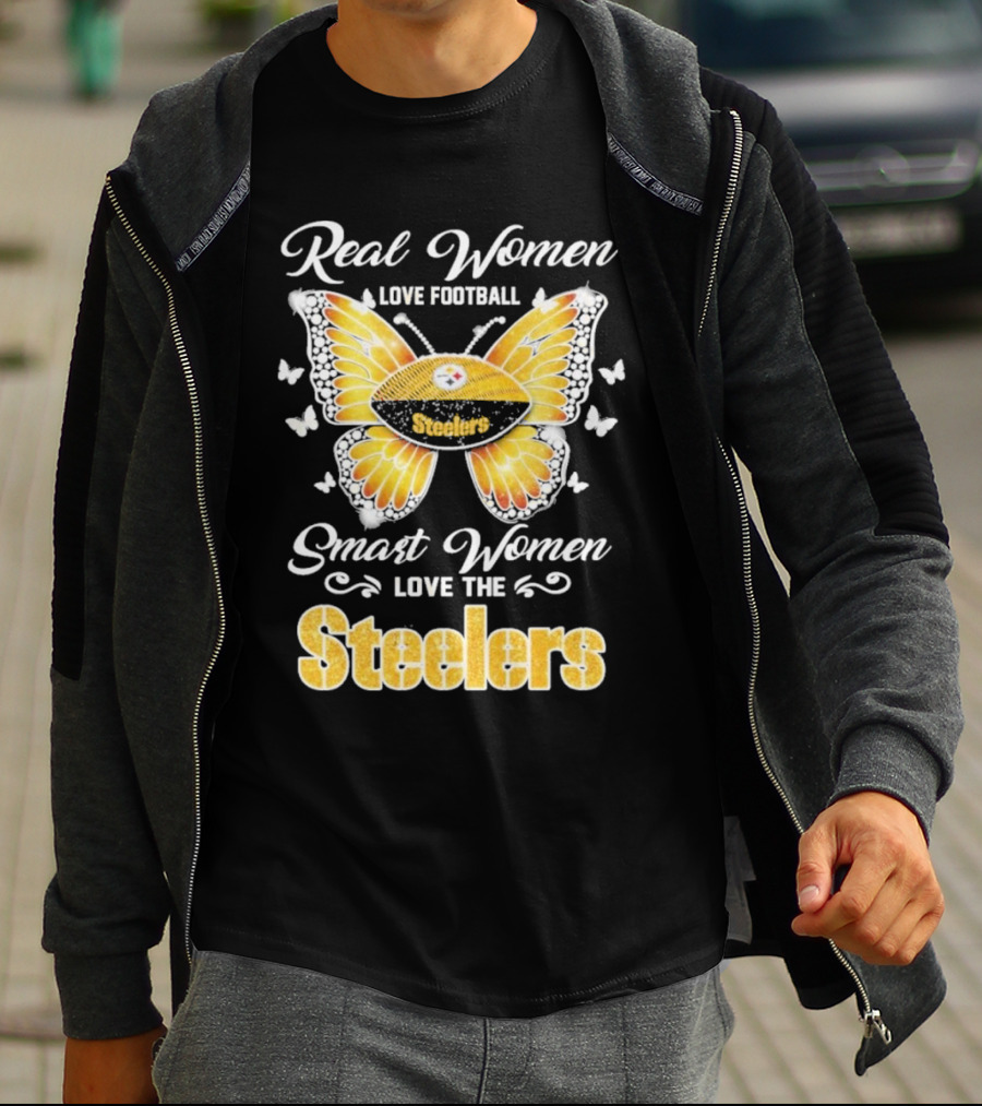 Real Women Love Football Smart Women Love The Steelers Butterfly Pittsburgh Steelers T-Shirt