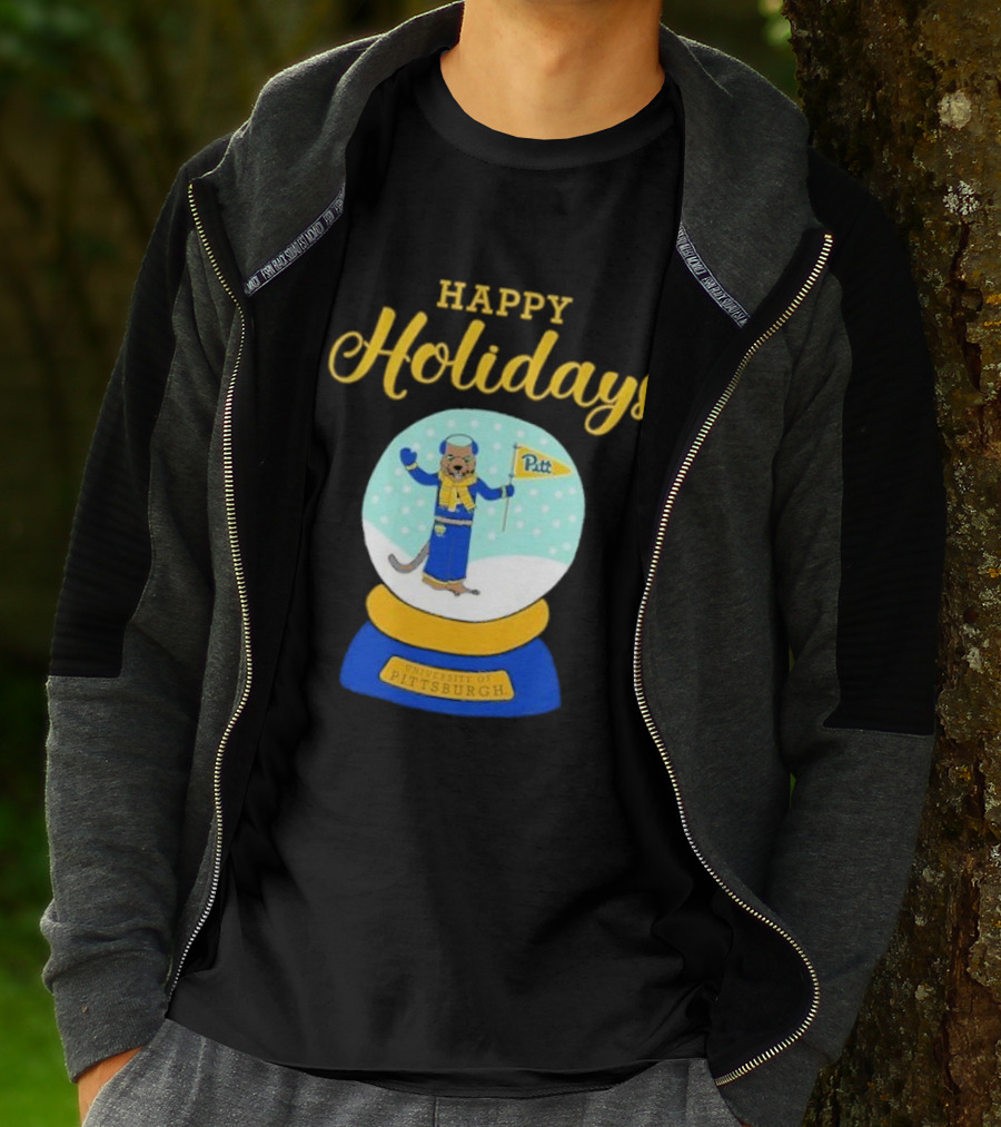 University Of Pittsburgh Pitt Roc Snow Globe Happy Holidays T-Shirt