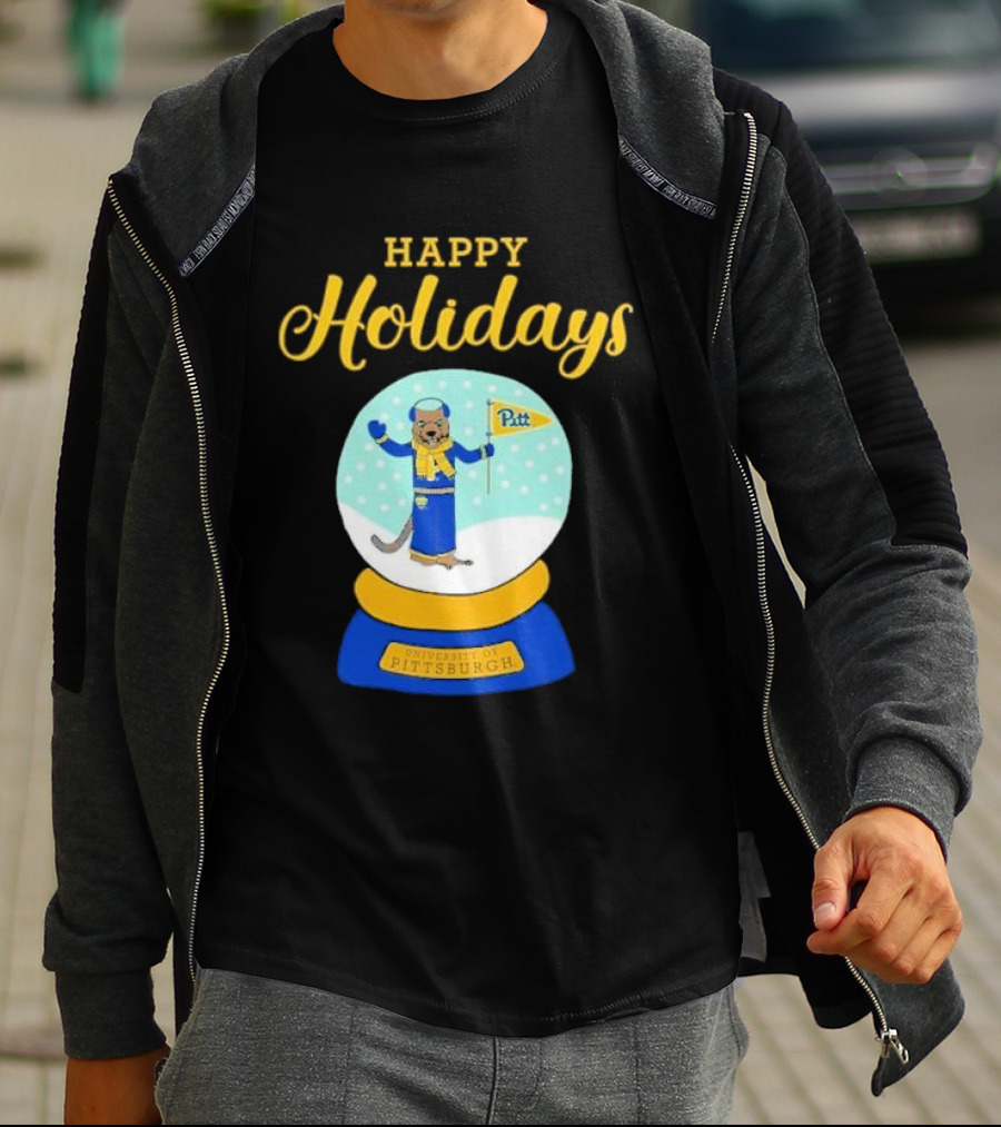 University Of Pittsburgh Pitt Roc Snow Globe Happy Holidays T-Shirt