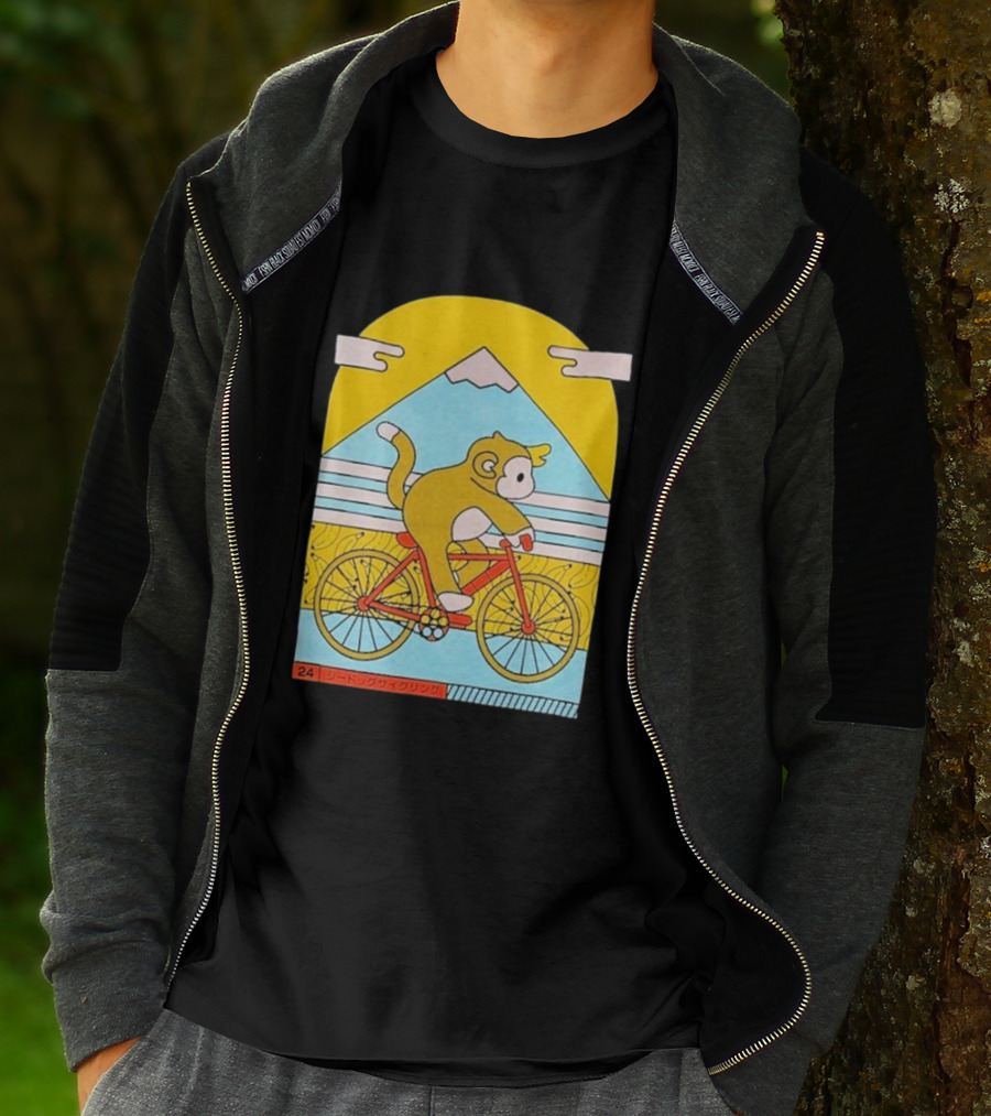 CDAWGVA Cycle Pullover Monkey Riding Bike With Mountain Background T-Shirt