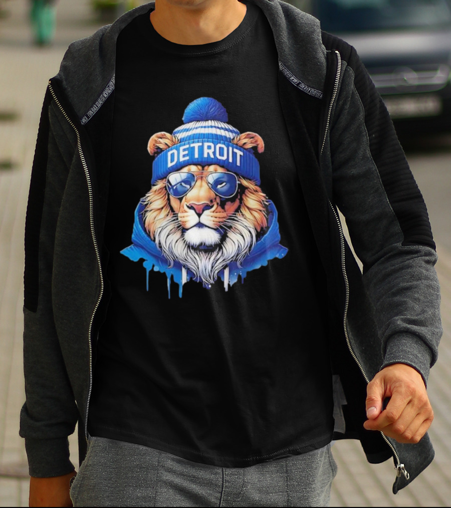 Detroit Lions Football 2025 New Season Cool Lion In Blue Beanie And Shades T-Shirt