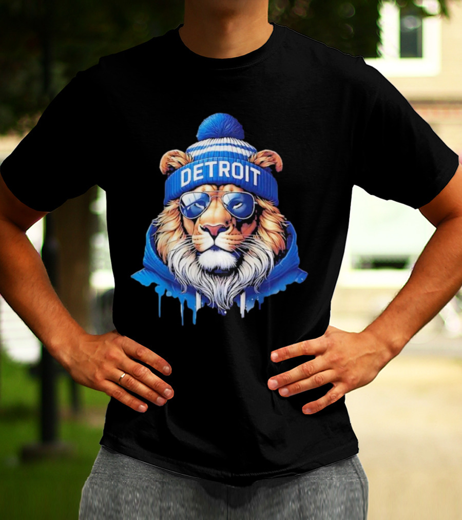 Detroit Lions Football 2025 New Season Cool Lion In Blue Beanie And Shades T-Shirt