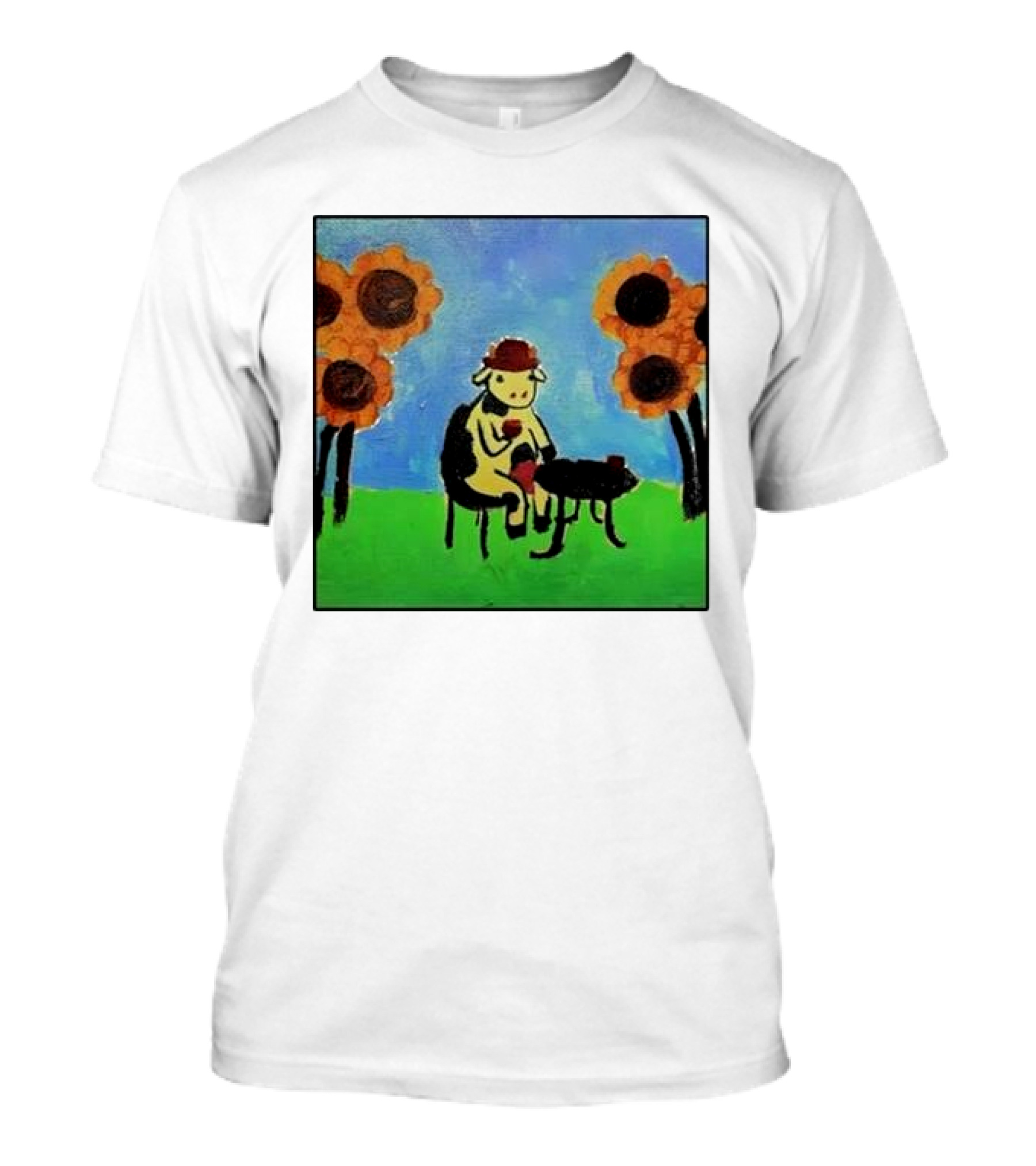Cow Painting With Sunflowers And Tea Party Scene T-Shirt