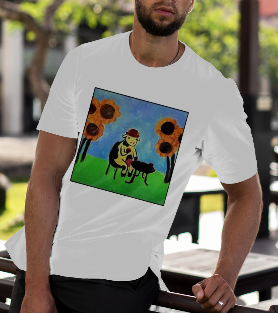 Cow Painting With Sunflowers And Tea Party Scene T-Shirt