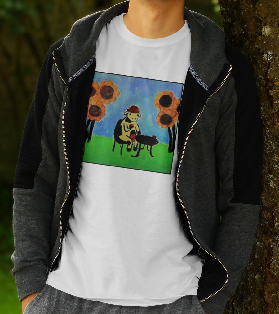 Cow Painting With Sunflowers And Tea Party Scene T-Shirt