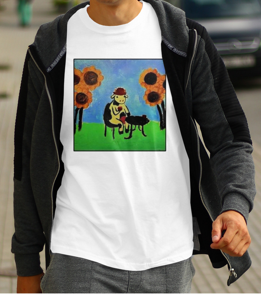 Cow Painting With Sunflowers And Tea Party Scene T-Shirt