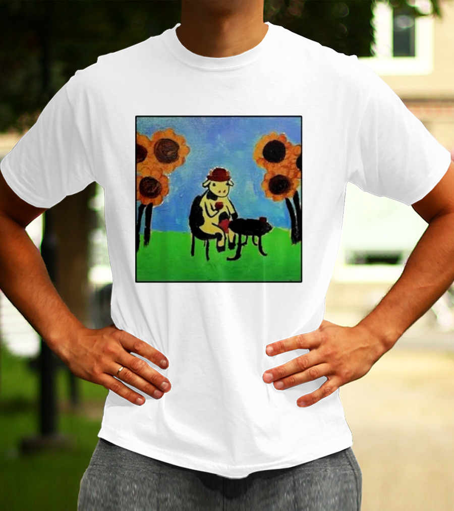 Cow Painting With Sunflowers And Tea Party Scene T-Shirt