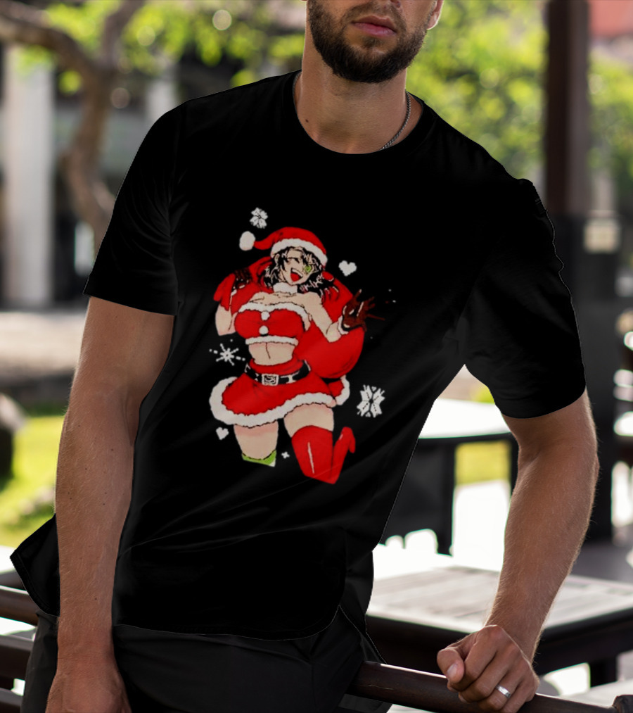 Supps Waifu Uwu Ugly Christmas Santa Anime Girl In Red Outfit With Snowflakes And Hearts T-Shirt
