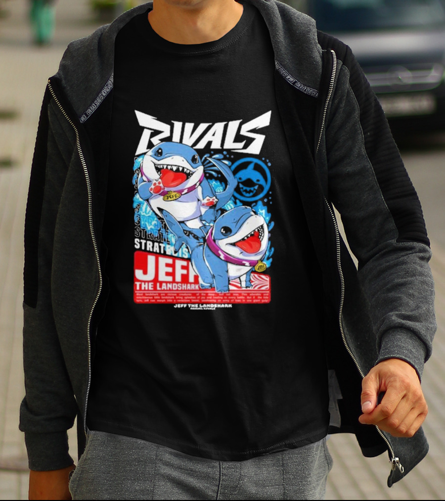 Rivals Stratbois Jeff The Land Shark Anime Style With Blue And Red Cartoon T-Shirt