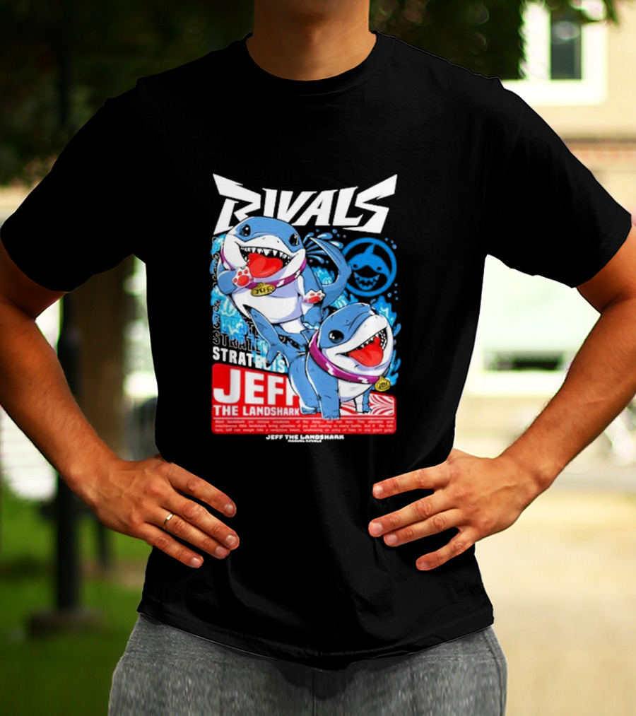 Rivals Stratbois Jeff The Land Shark Anime Style With Blue And Red Cartoon T-Shirt