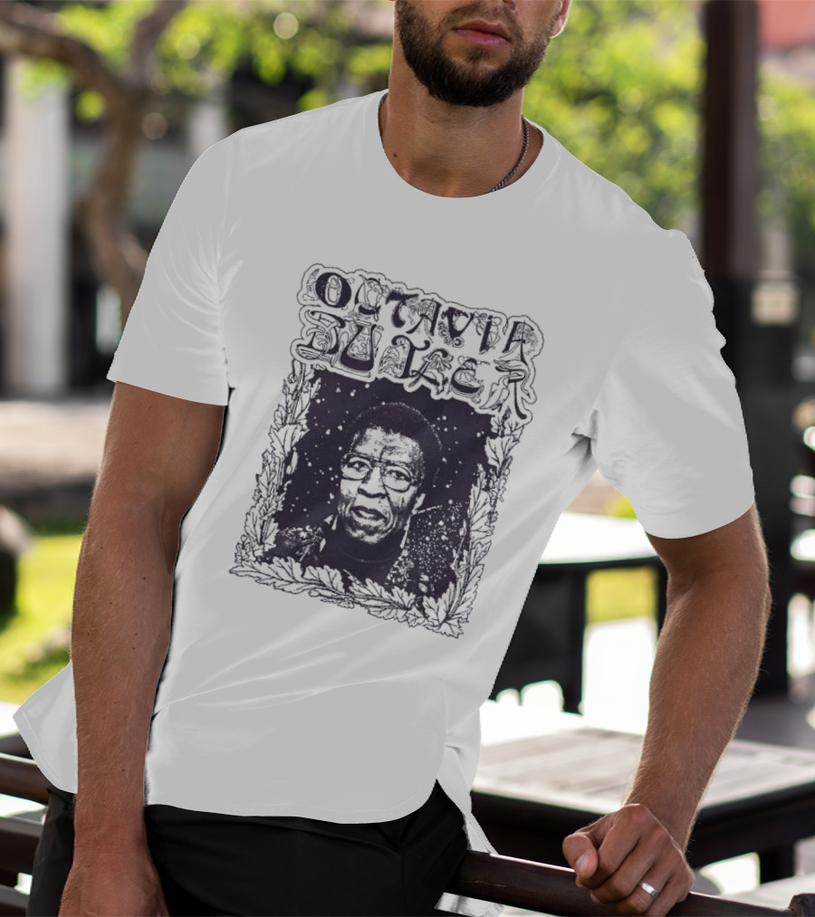 Octavia Butler Portrait With Leafy Cosmic Border T-Shirt
