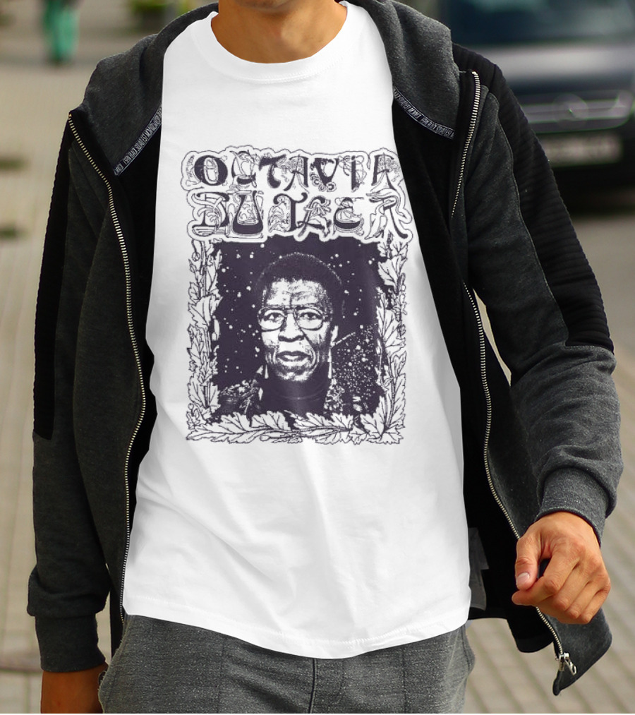 Octavia Butler Portrait With Leafy Cosmic Border T-Shirt