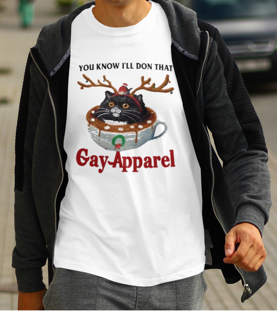 You Know I’ll Don That Gay Apparel Black Cat In Festive Antlers In Holiday Coffee Cup T-Shirt