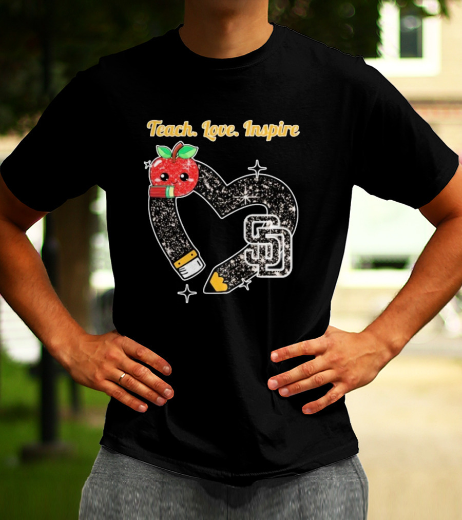 Teach Love Inspire San Diego Padres Sparkling Heart Apple Pencil T-Shirt