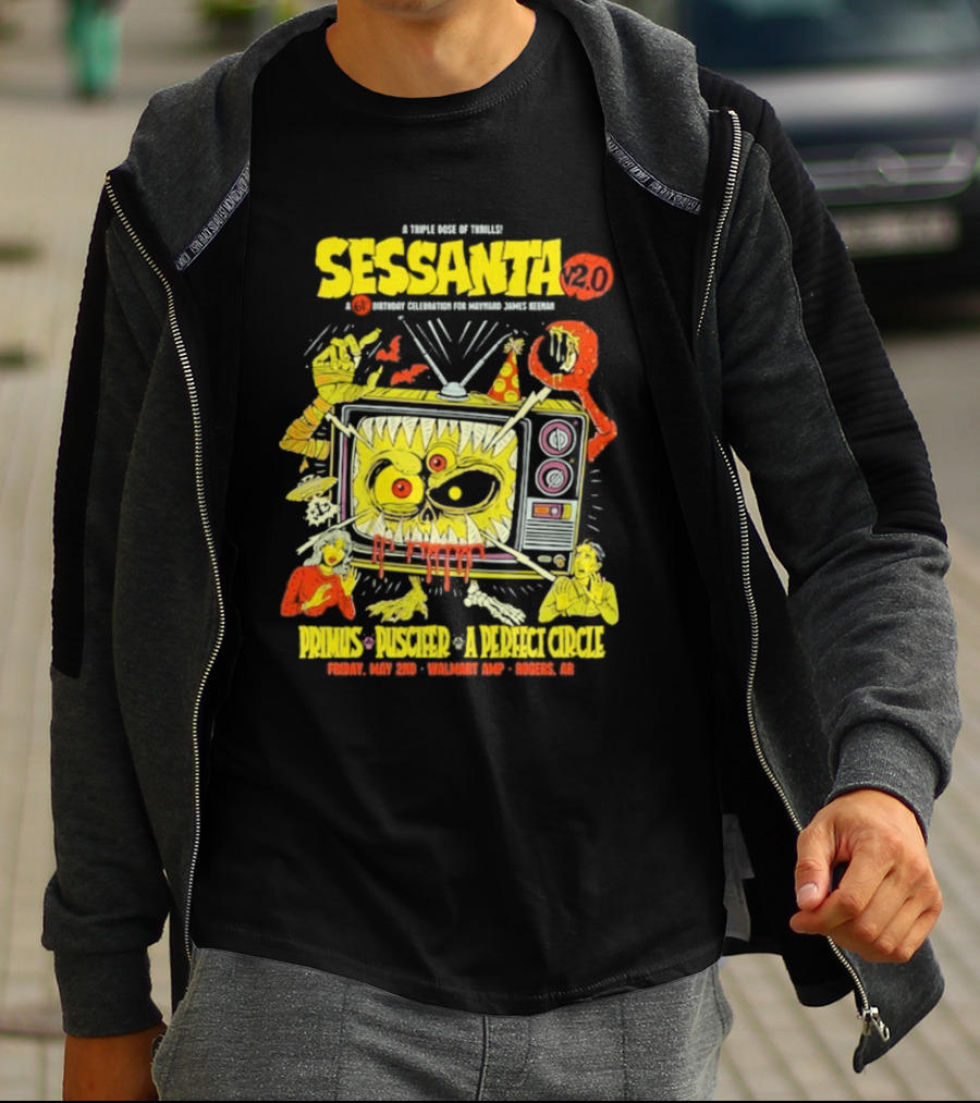 Sessanta 2.0 Event Primus Puscifer A Perfect Circle May 2 2025 Rogers AR Walmart AMP TV T-Shirt