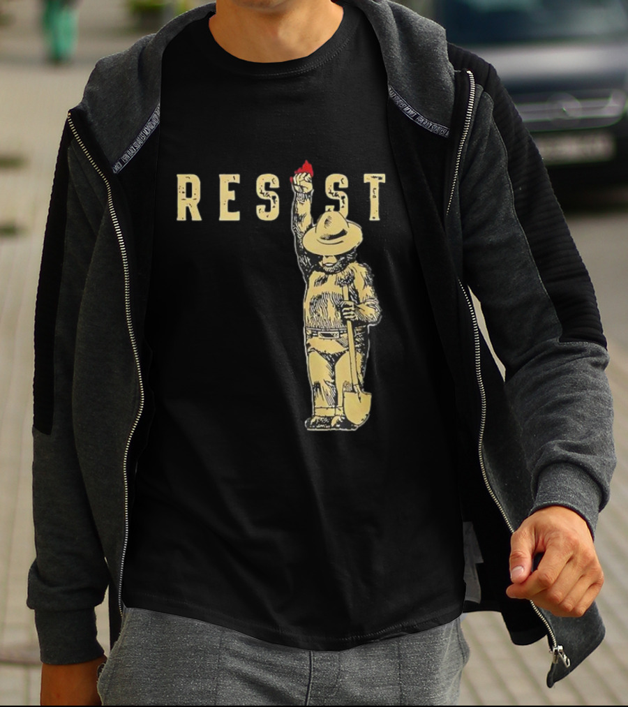 "Smokey Resist Firefighter Bear With Raised Fist And Shovel" T-Shirt
