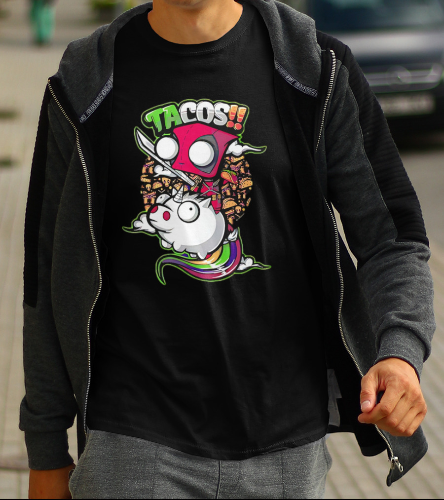 Tacos Deadpool Riding Unicorn Surrounded By Tacos Cartoon T-Shirt