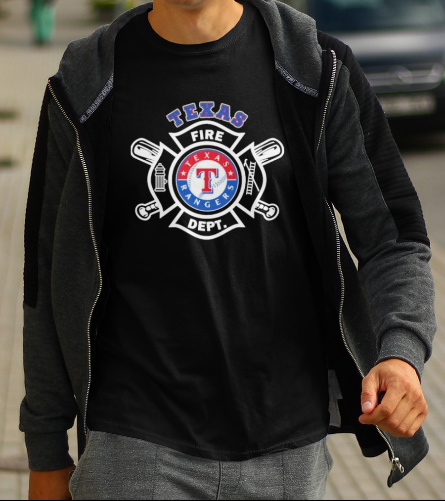 Texas Rangers Fire Dept Firefighters Maltese Cross Badge T-Shirt