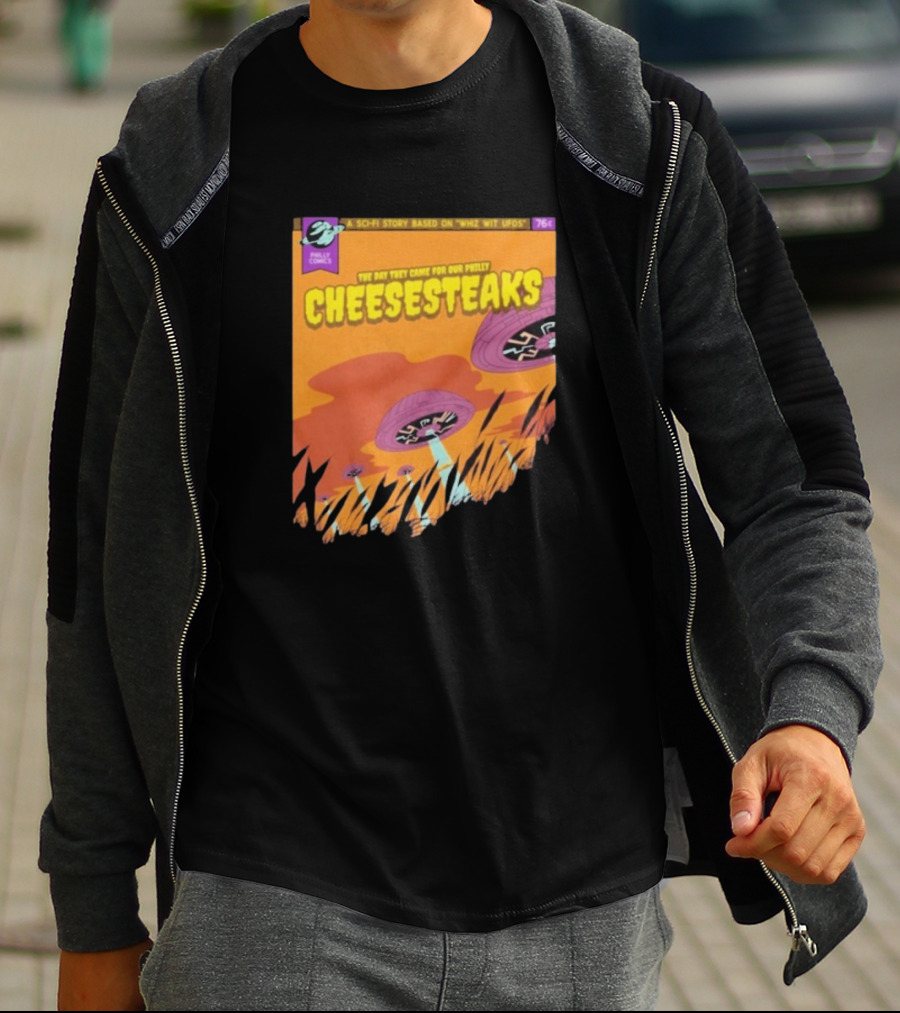 Philly Comics Alien UFO Cheesesteaks Abduction Sci-Fi Story Whiz With UFOs T-Shirt