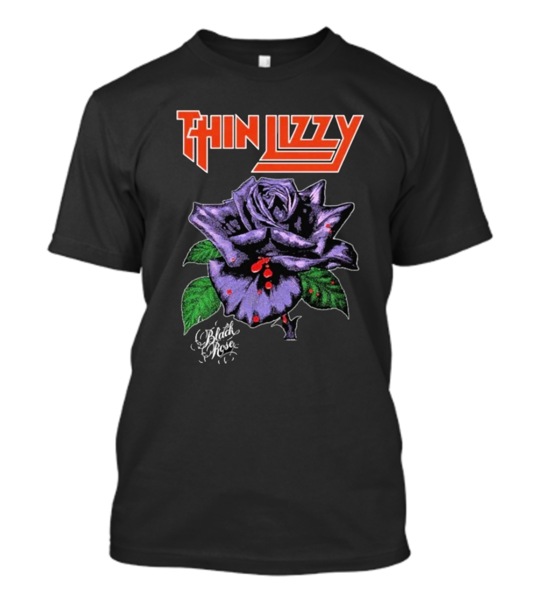 Thin Lizzy Black Rose With Purple Flower And Green Leaves T-Shirt