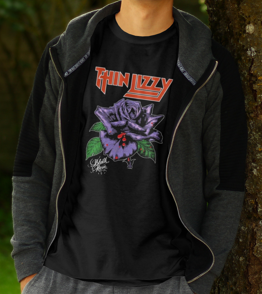 Thin Lizzy Black Rose With Purple Flower And Green Leaves T-Shirt