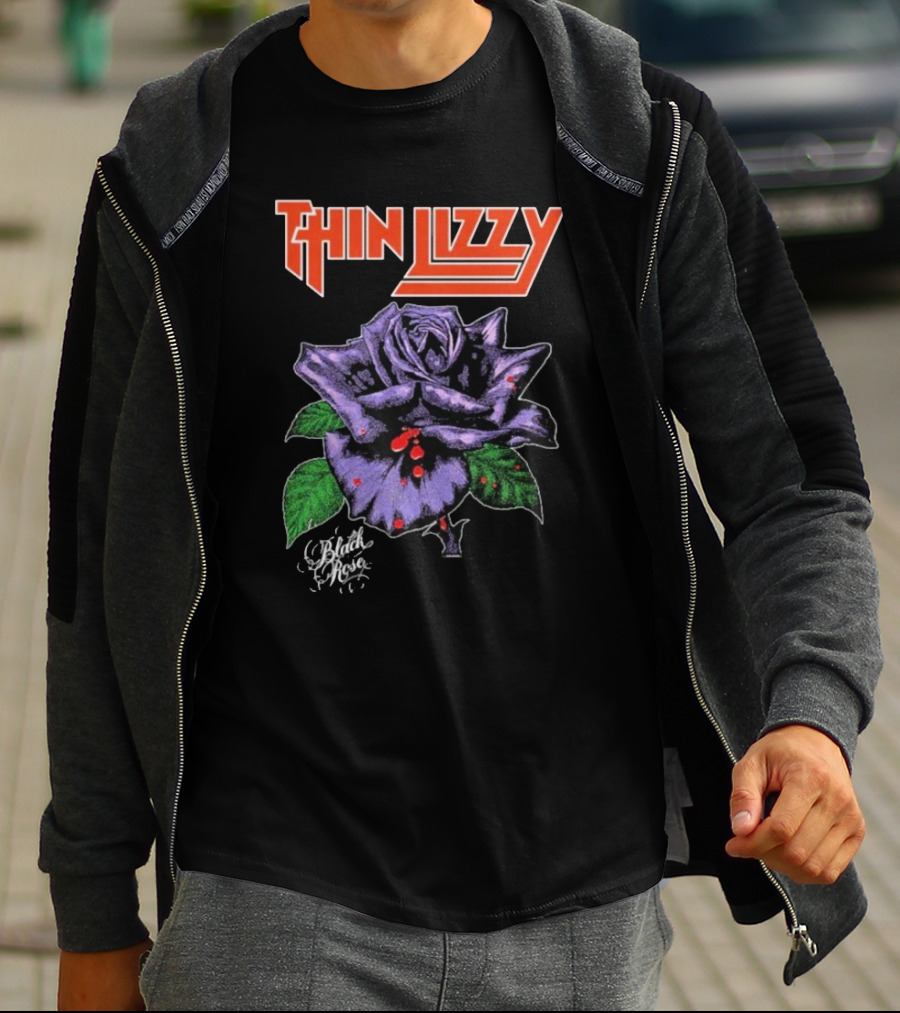 Thin Lizzy Black Rose With Purple Flower And Green Leaves T-Shirt