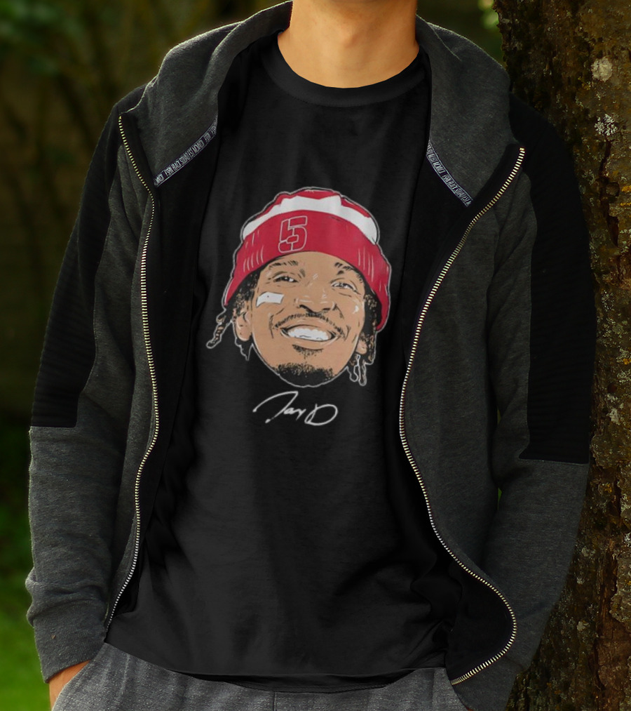 Washington Commanders Jayden Daniels Signature Face Bandage Number 5 Beanie T-Shirt