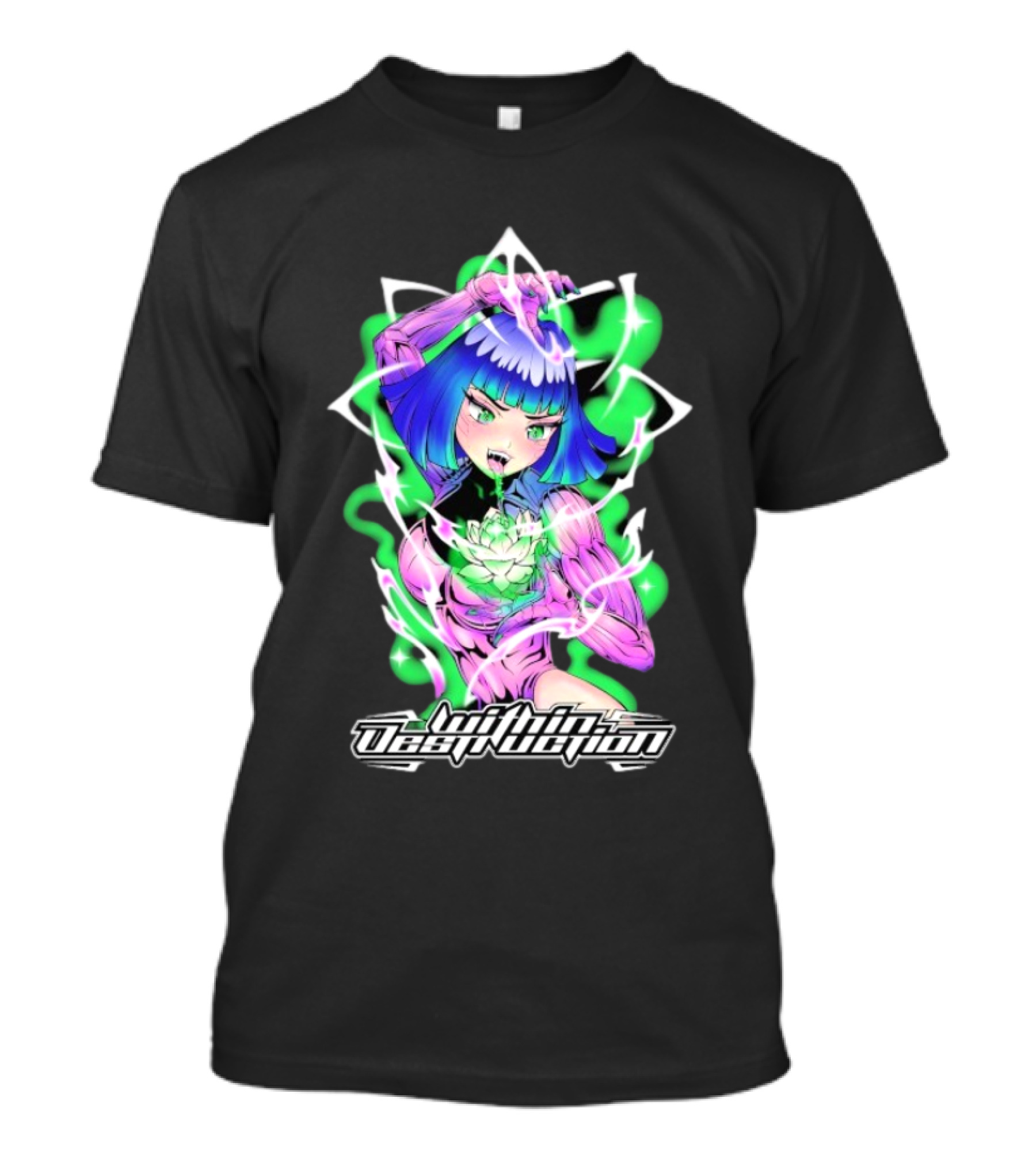 Within Destruction Lotus Anime Neon Girl With White Flower T-Shirt