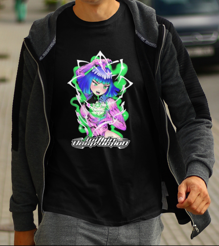 Within Destruction Lotus Anime Neon Girl With White Flower T-Shirt