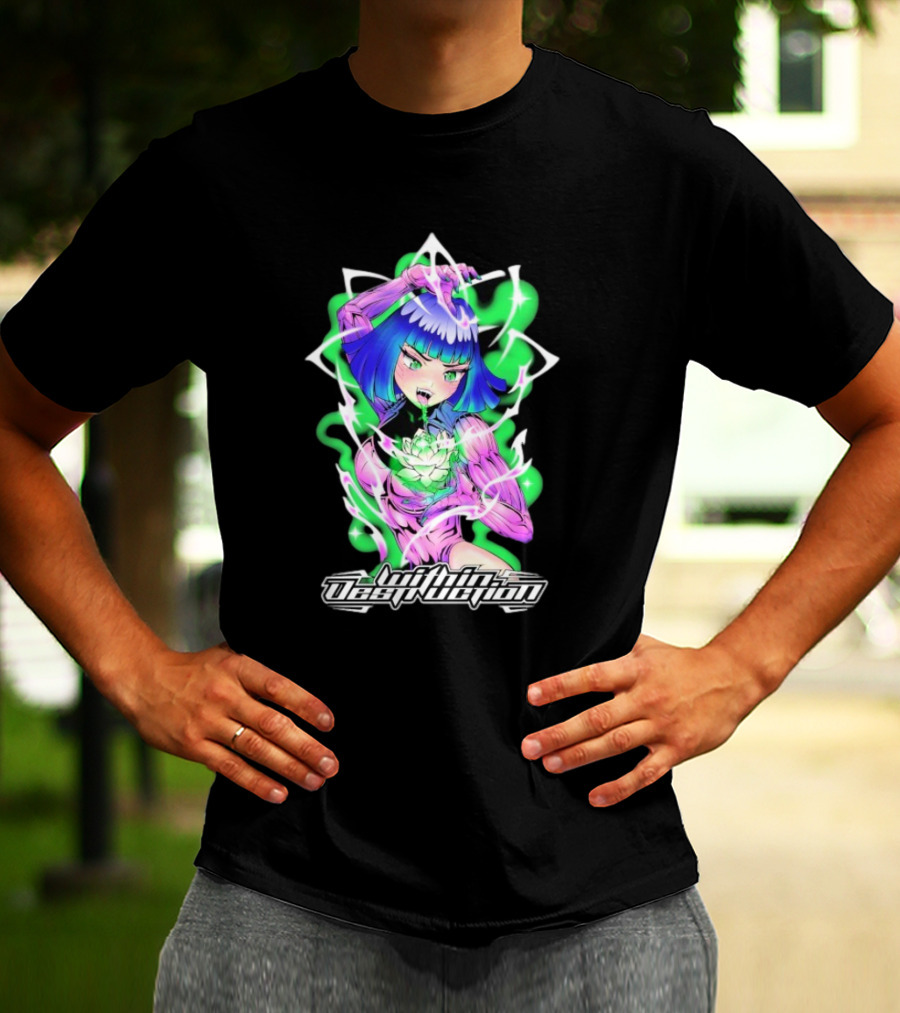 Within Destruction Lotus Anime Neon Girl With White Flower T-Shirt