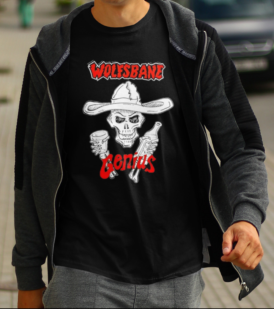 Wolfsbane Genius Skull With Cowboy Hat And Drinks T-Shirt