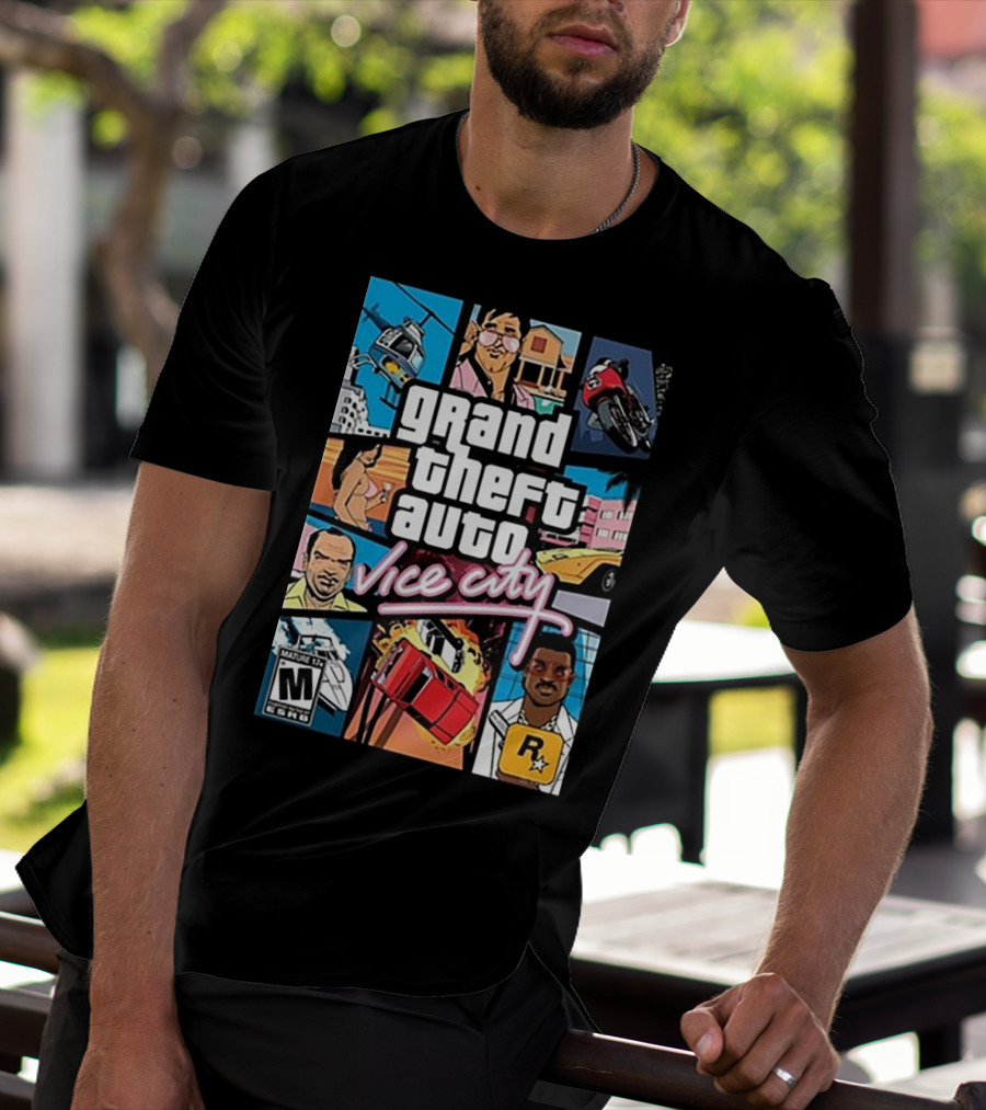 Grand Theft Auto Vice City Game Cover Art Helicopter Motorcycle Car Explosion R Star Logo T-Shirt