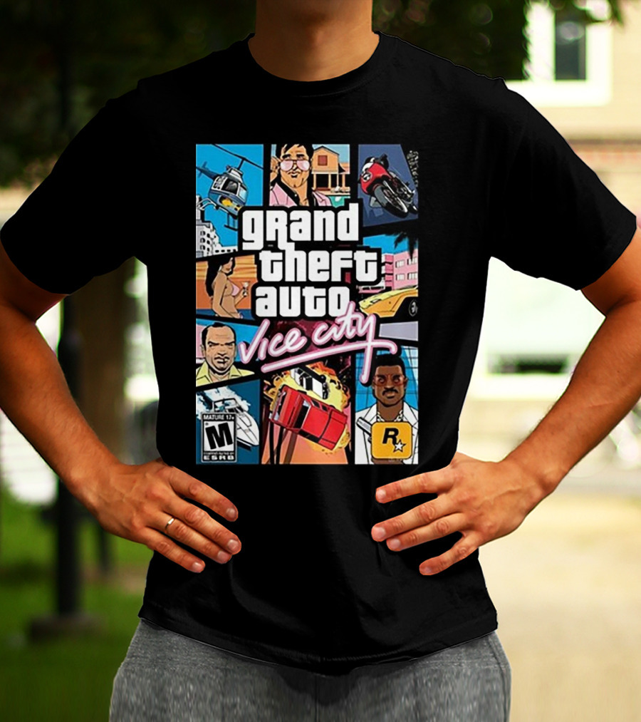 Grand Theft Auto Vice City Game Cover Art Helicopter Motorcycle Car Explosion R Star Logo T-Shirt