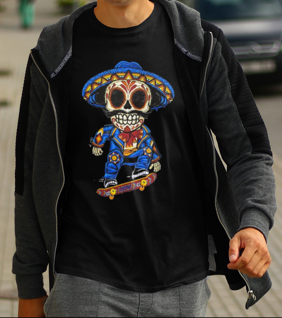 Mariachi Skull Skateboarding In Colorful Traditional Outfit T-Shirt
