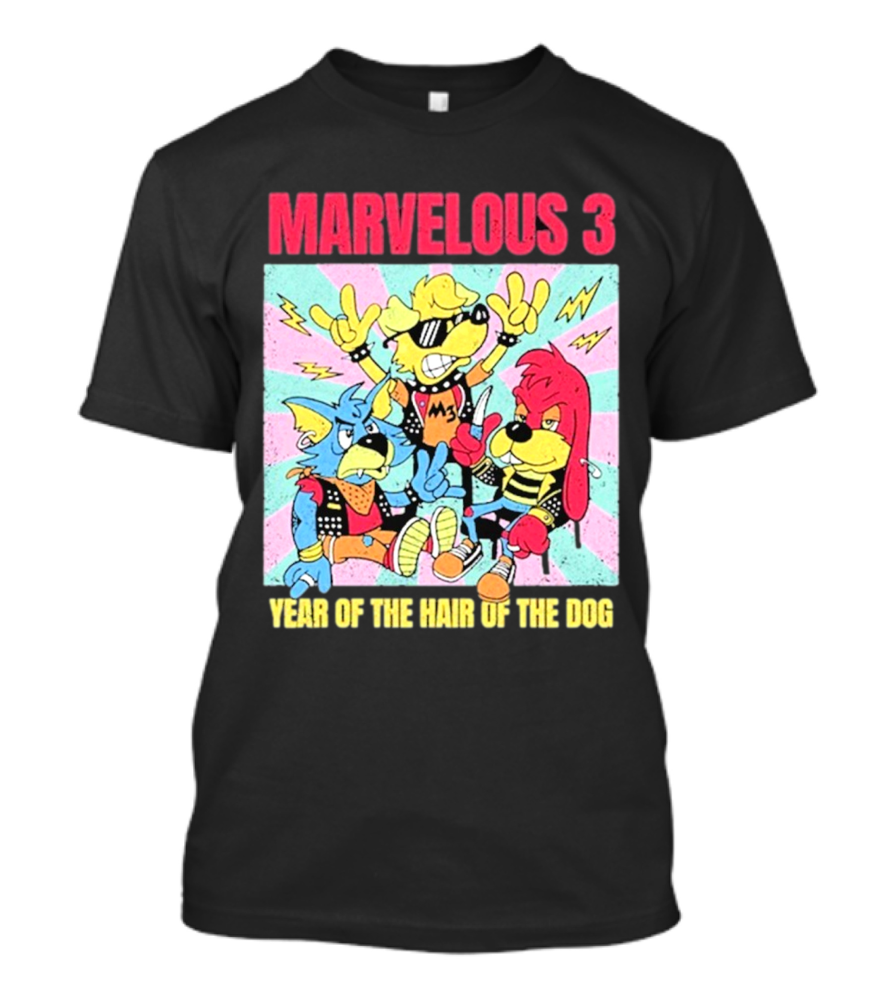 Marvelous 3 Year Of The Hair Of The Dog Cartoon Dogs With Punk Outfits And Sunglasses T-Shirt