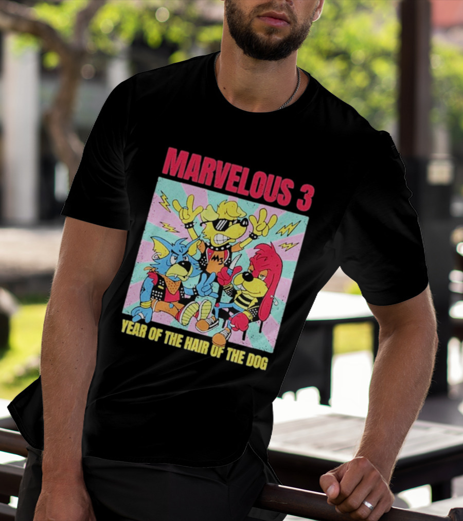 Marvelous 3 Year Of The Hair Of The Dog Cartoon Dogs With Punk Outfits And Sunglasses T-Shirt