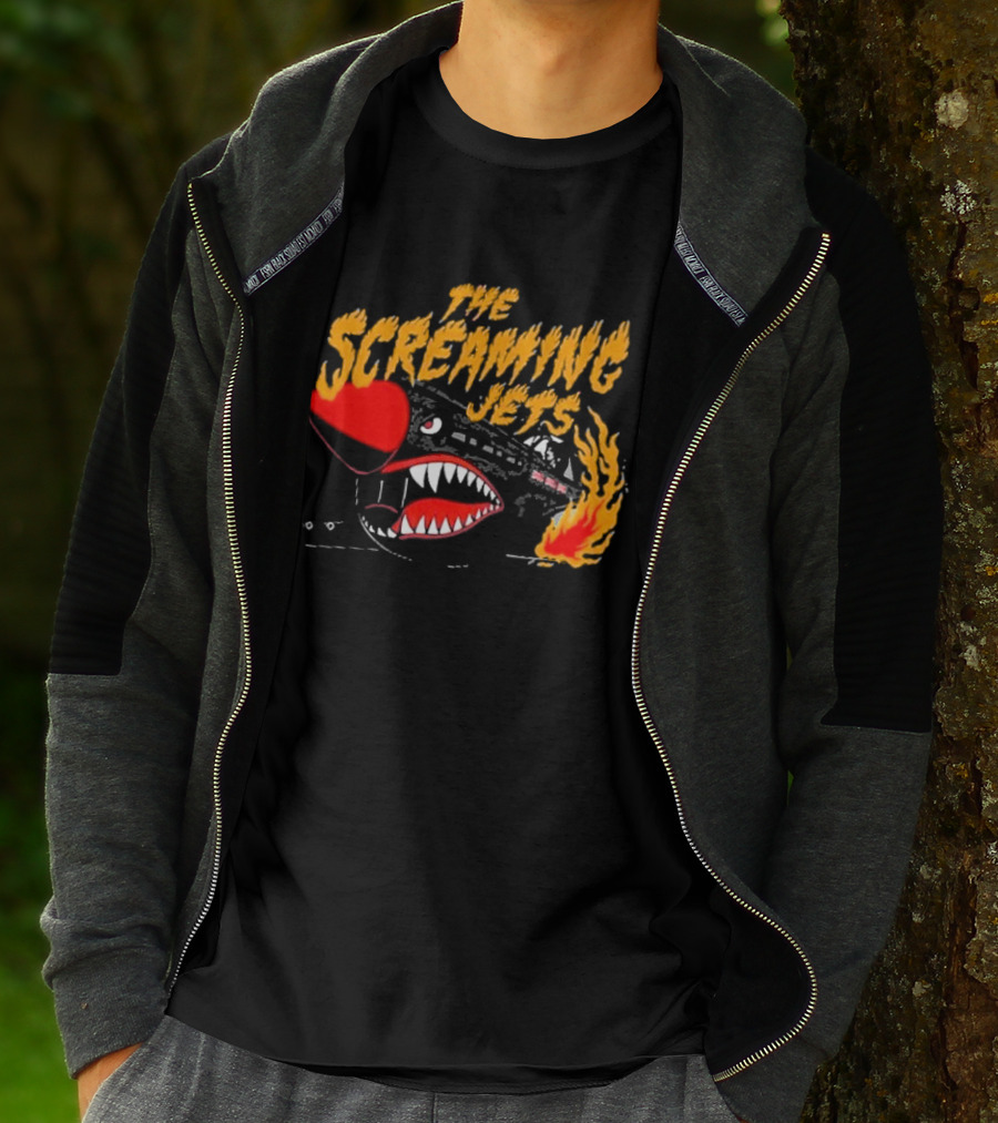 The Screaming Jets Flaming Jet With Fiery Cartoon Jet Fighter T-Shirt