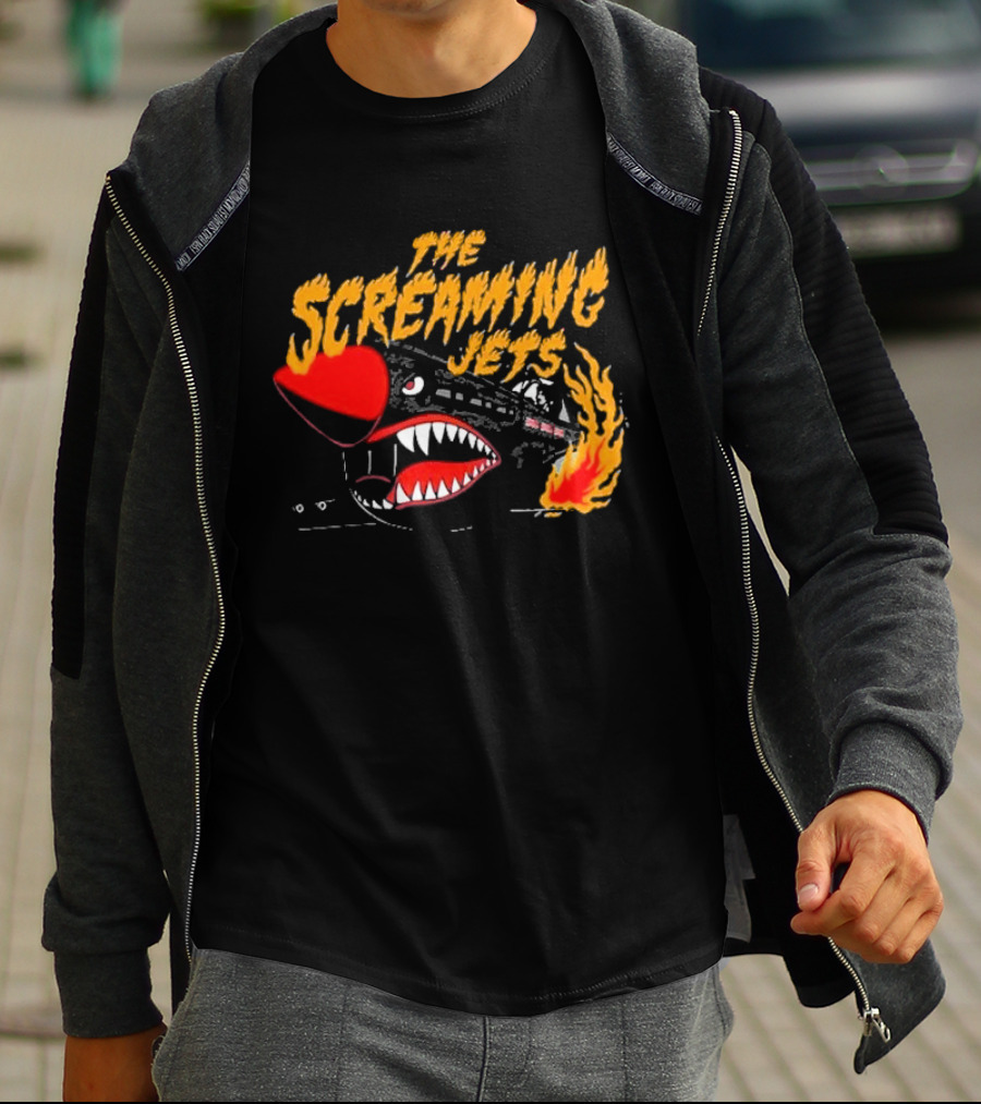 The Screaming Jets Flaming Jet With Fiery Cartoon Jet Fighter T-Shirt