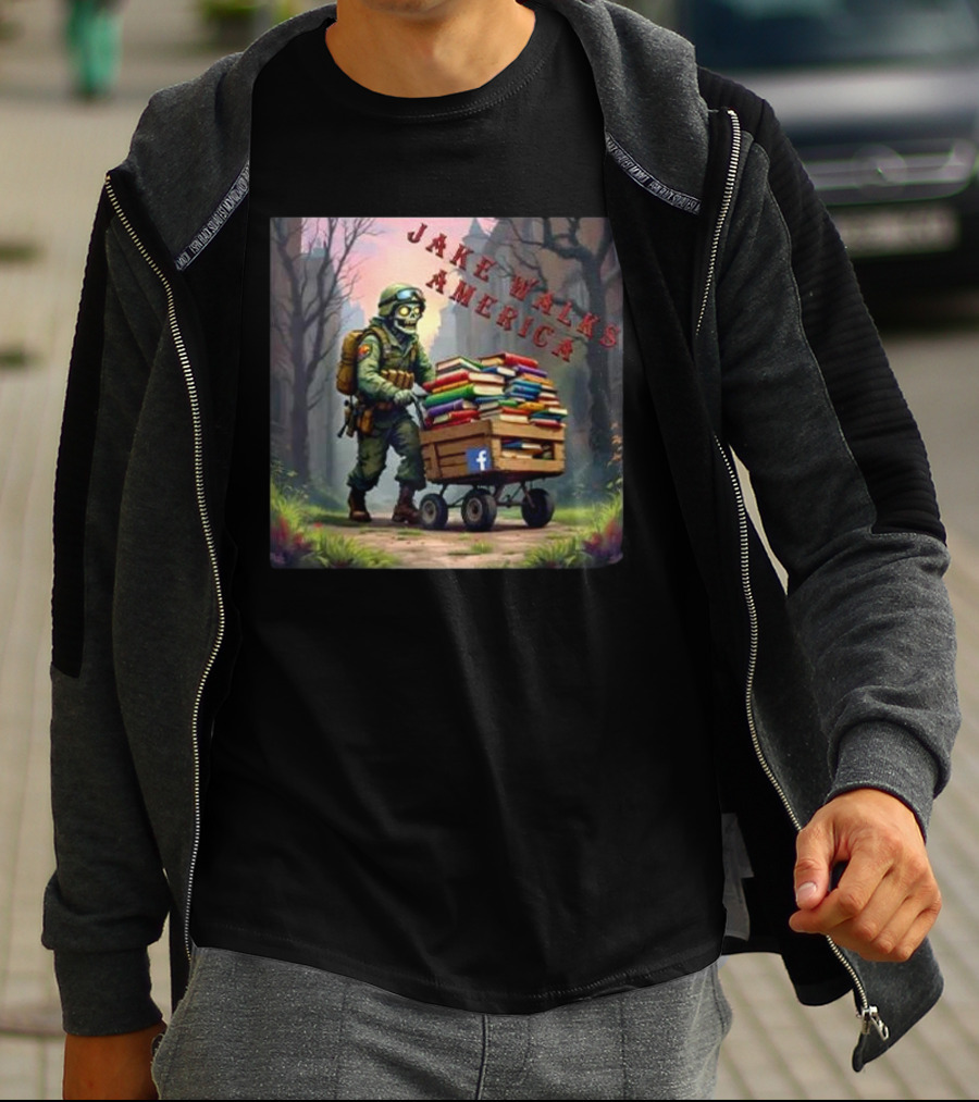 Zombie Soldier Pushing Book Cart Jake Walks America T-Shirt