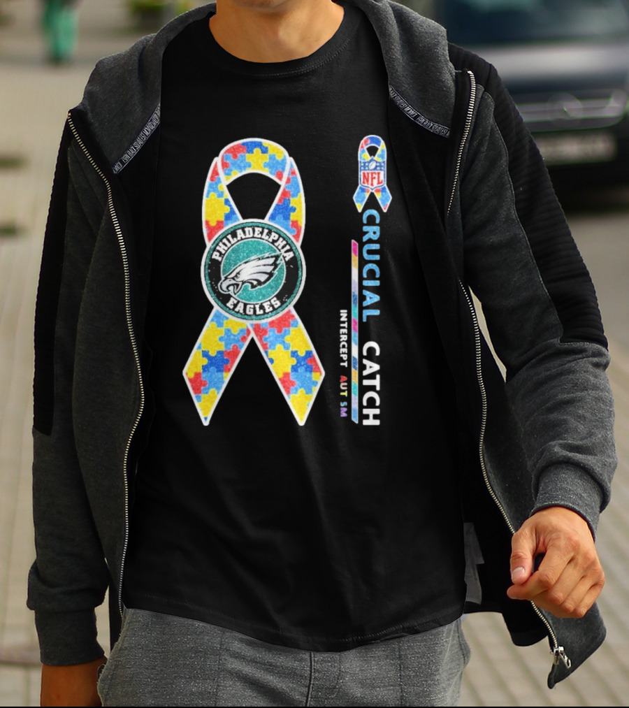 Philadelphia Eagles Autism Awareness Crucial Catch NFL Puzzle Ribbon T-Shirt