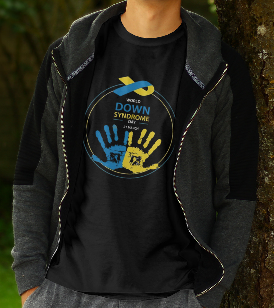 World Down Syndrome Day 21 March Blue Yellow Handprint Ribbon T-Shirt