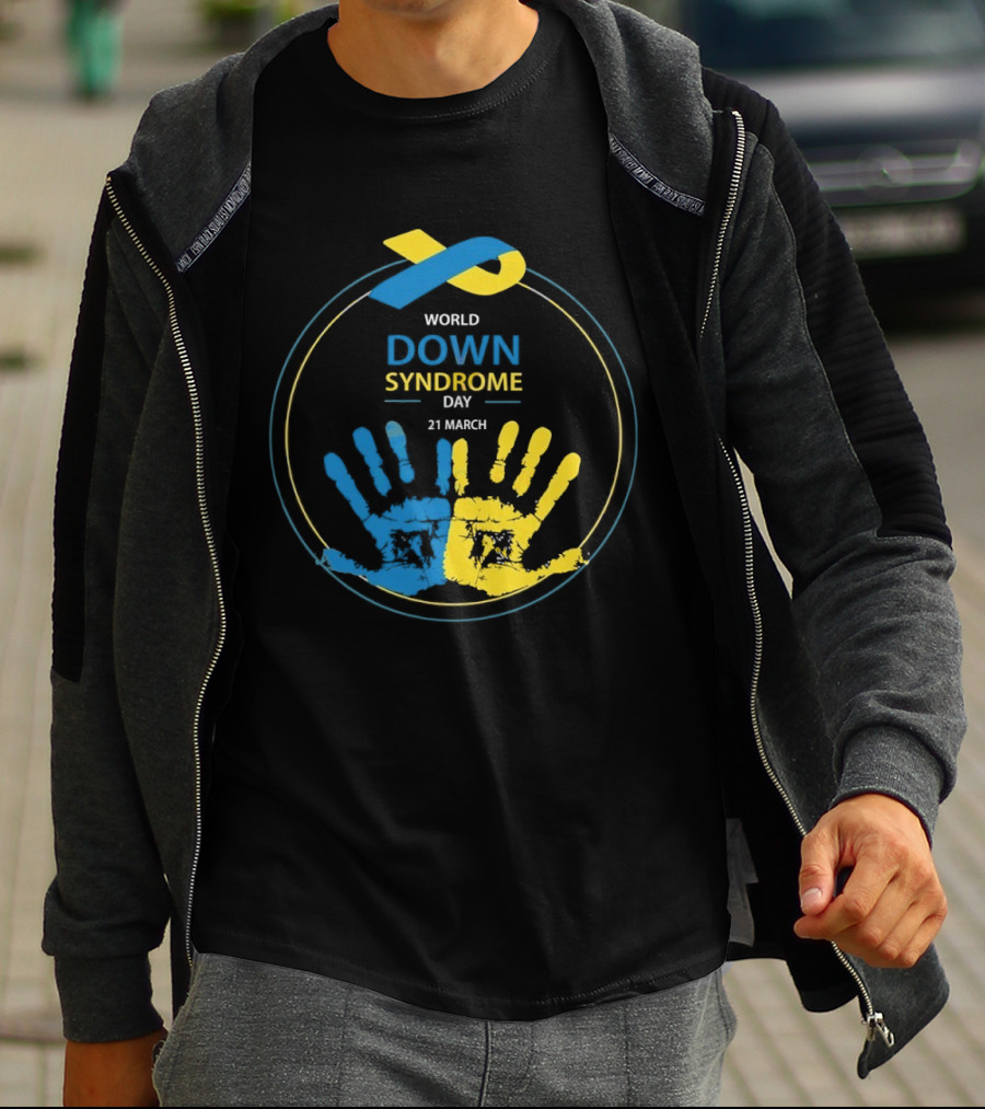 World Down Syndrome Day 21 March Blue Yellow Handprint Ribbon T-Shirt
